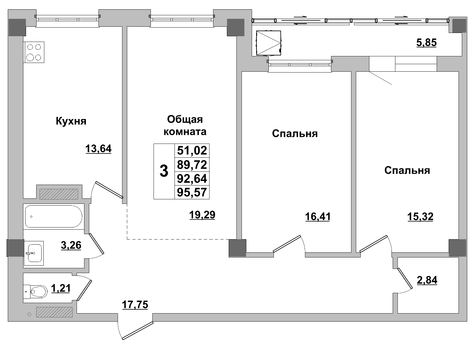 3 комн., 92.64 м²