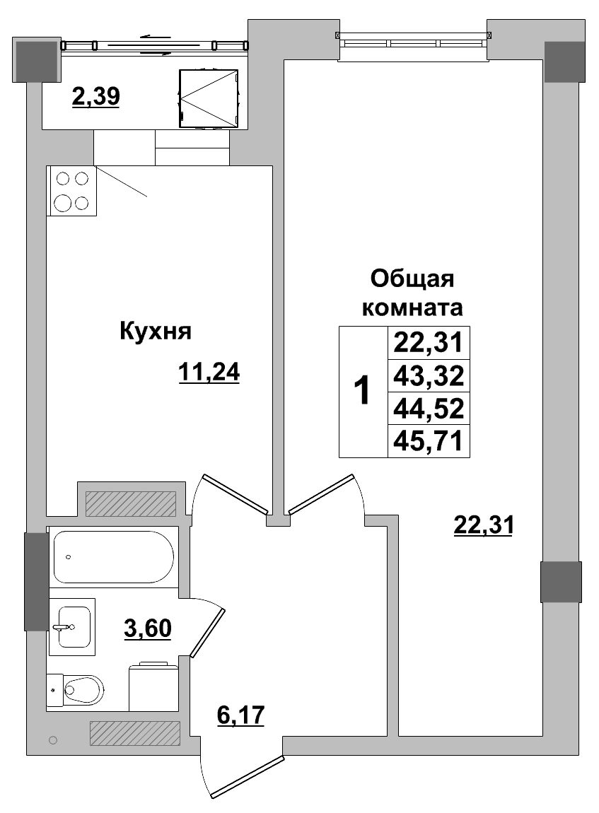 1 комн., 44.52 м²