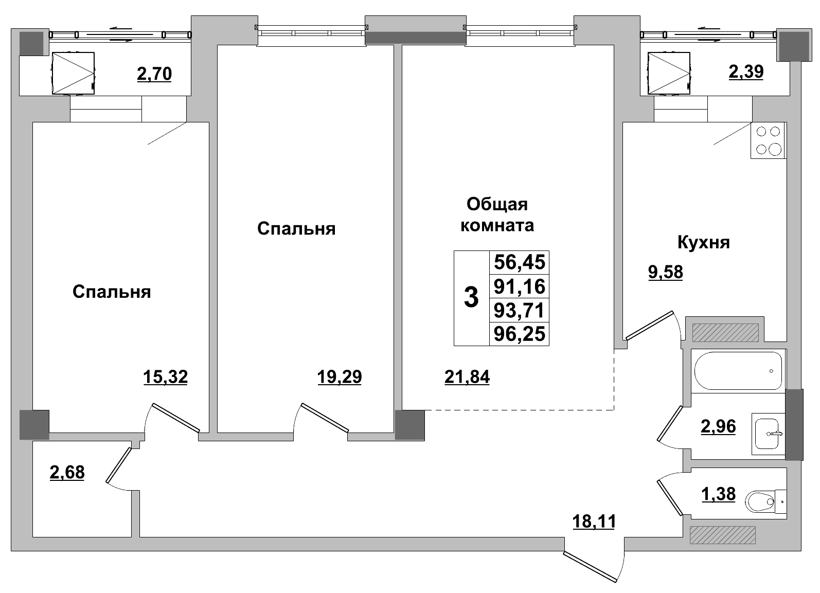 3 комн., 93.71 м²