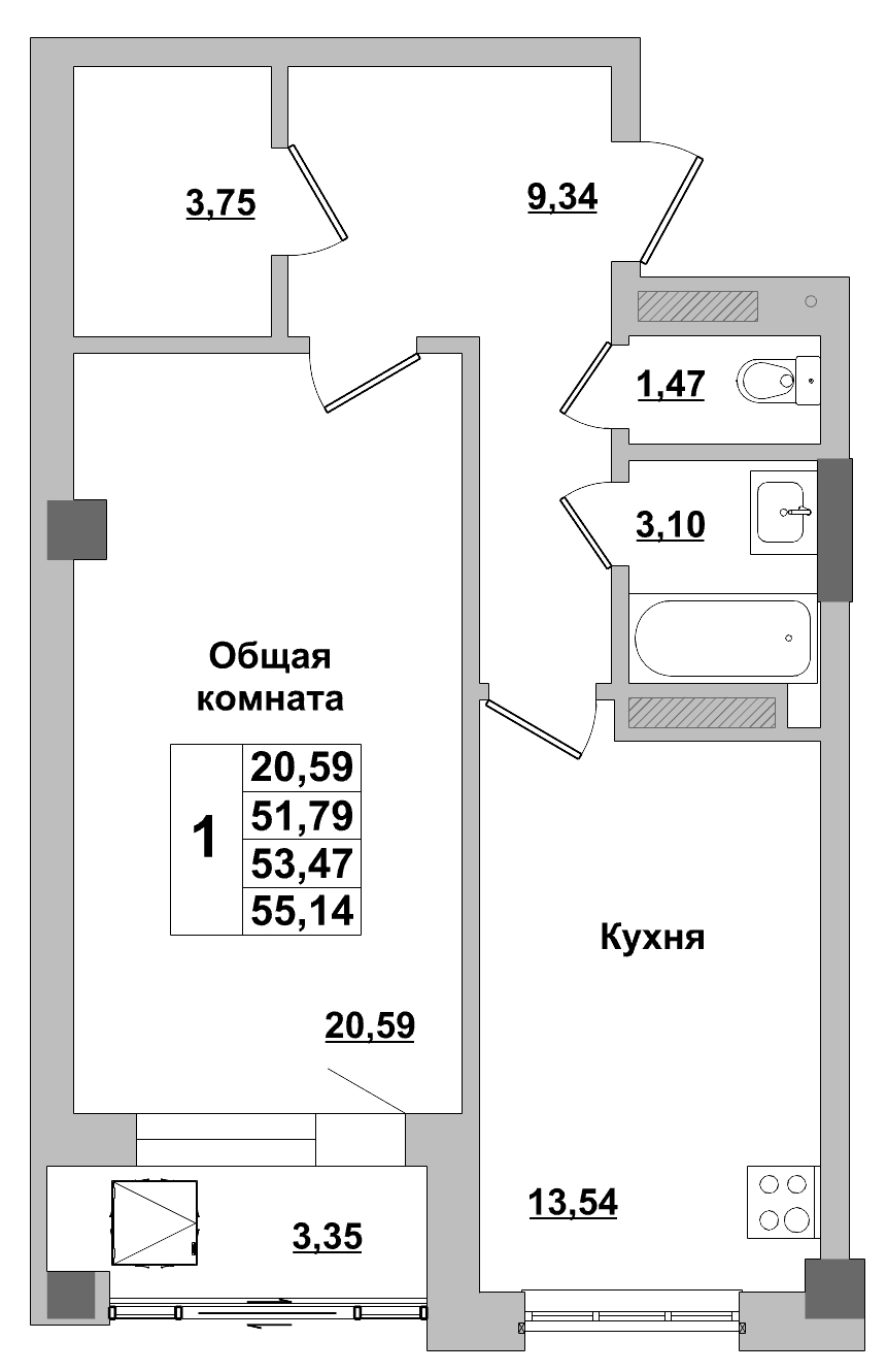 1 комн., 53.47 м²