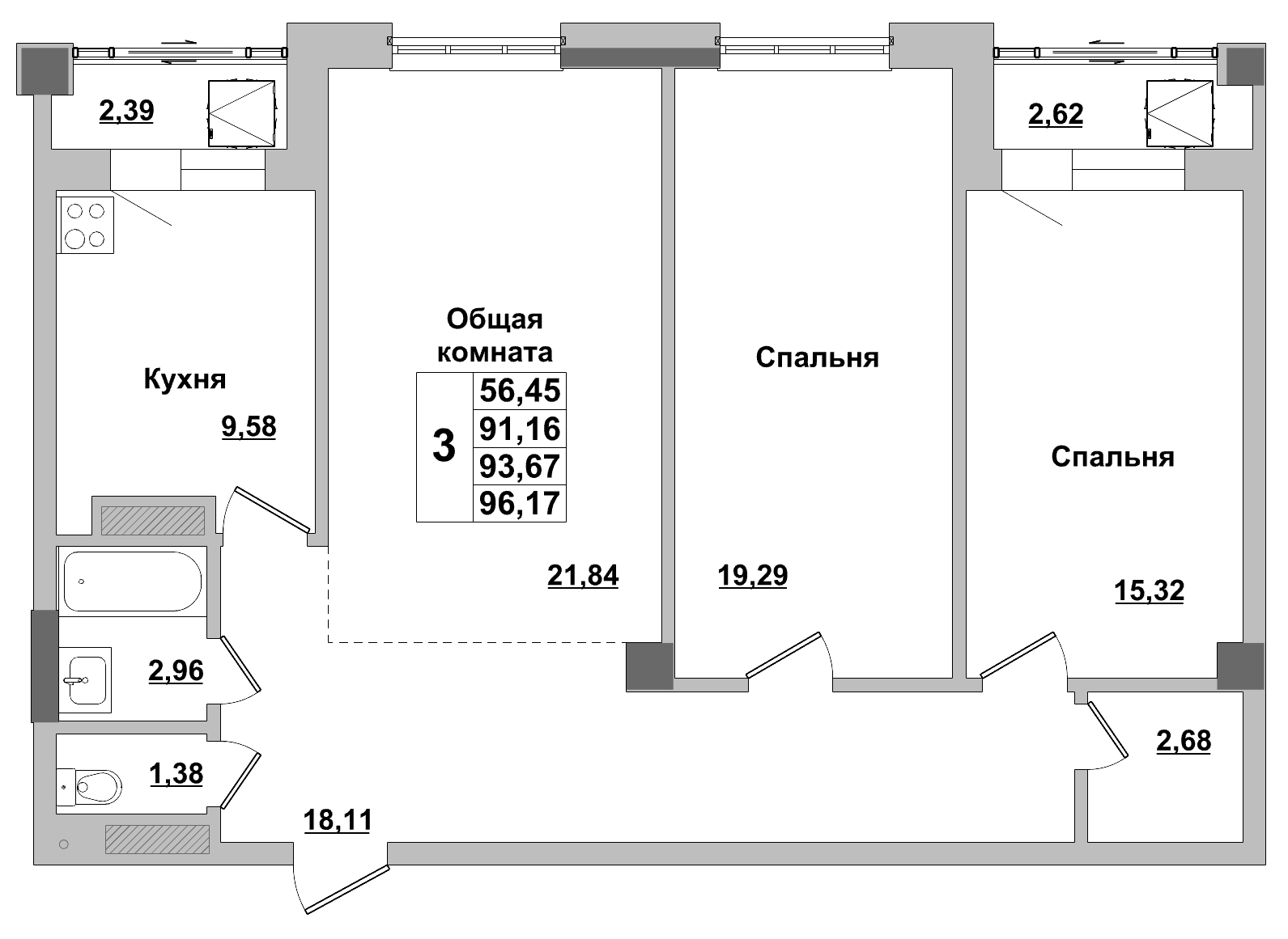 3 комн., 93.67 м²