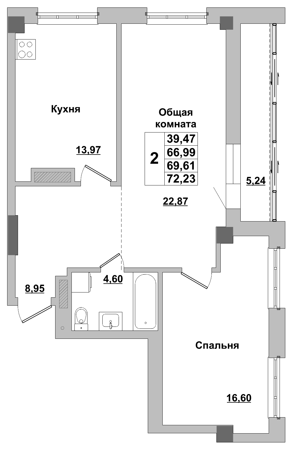 2 комн., 69.61 м²