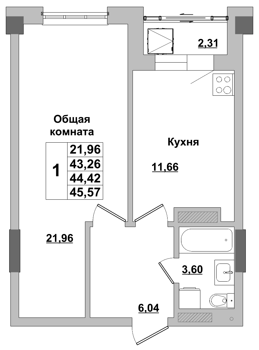 1 комн., 44.42 м²