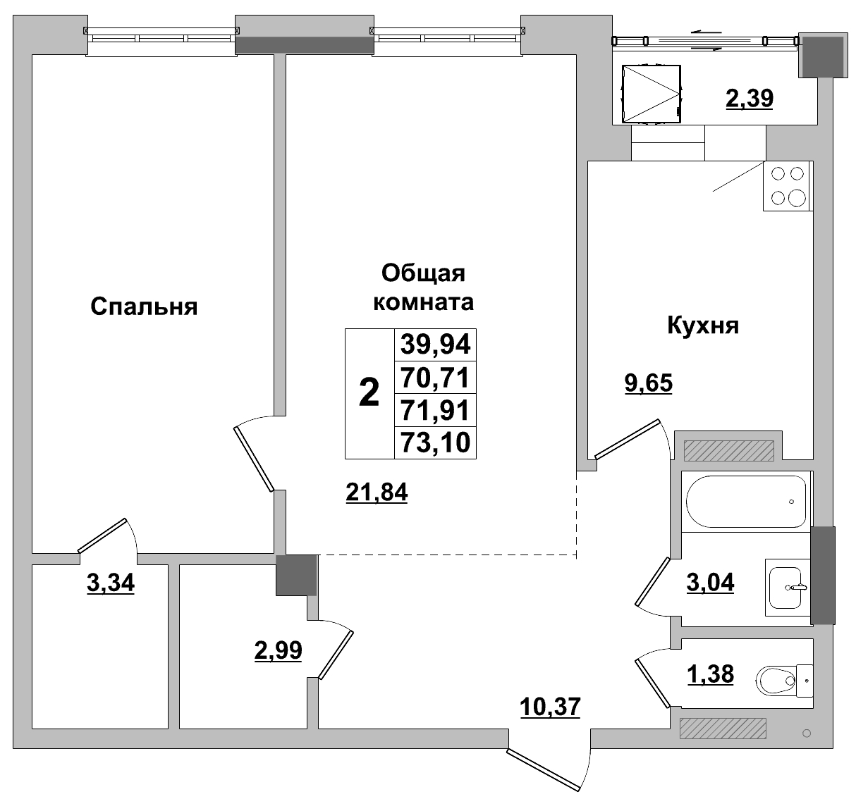 2 комн., 71.91 м²
