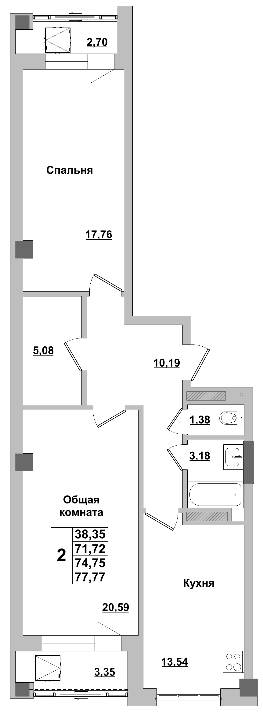 2 комн., 74.75 м²