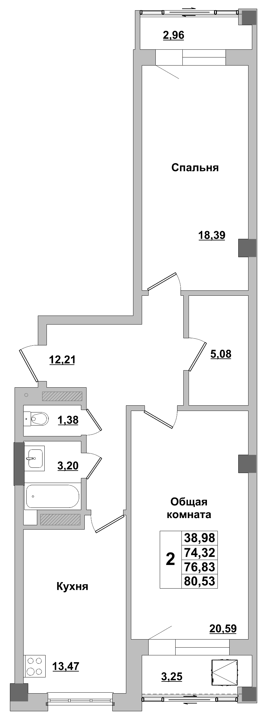 2 комн., 76.83 м²