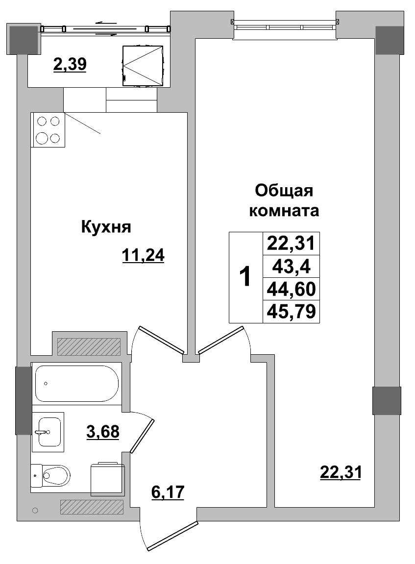 1 комн., 44.60 м²