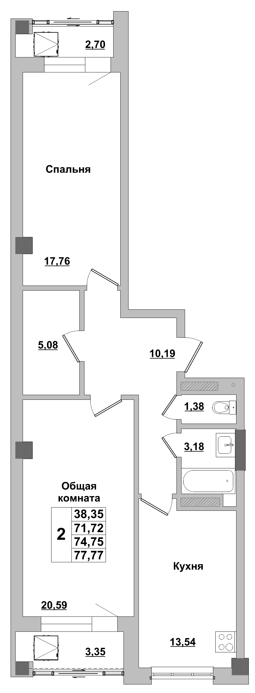 2 комн., 74.75 м²