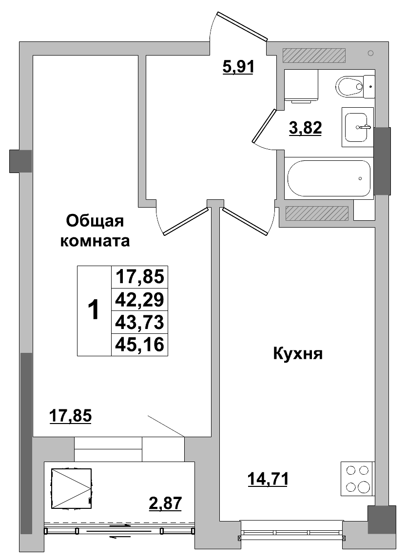 1 комн., 43.73 м²