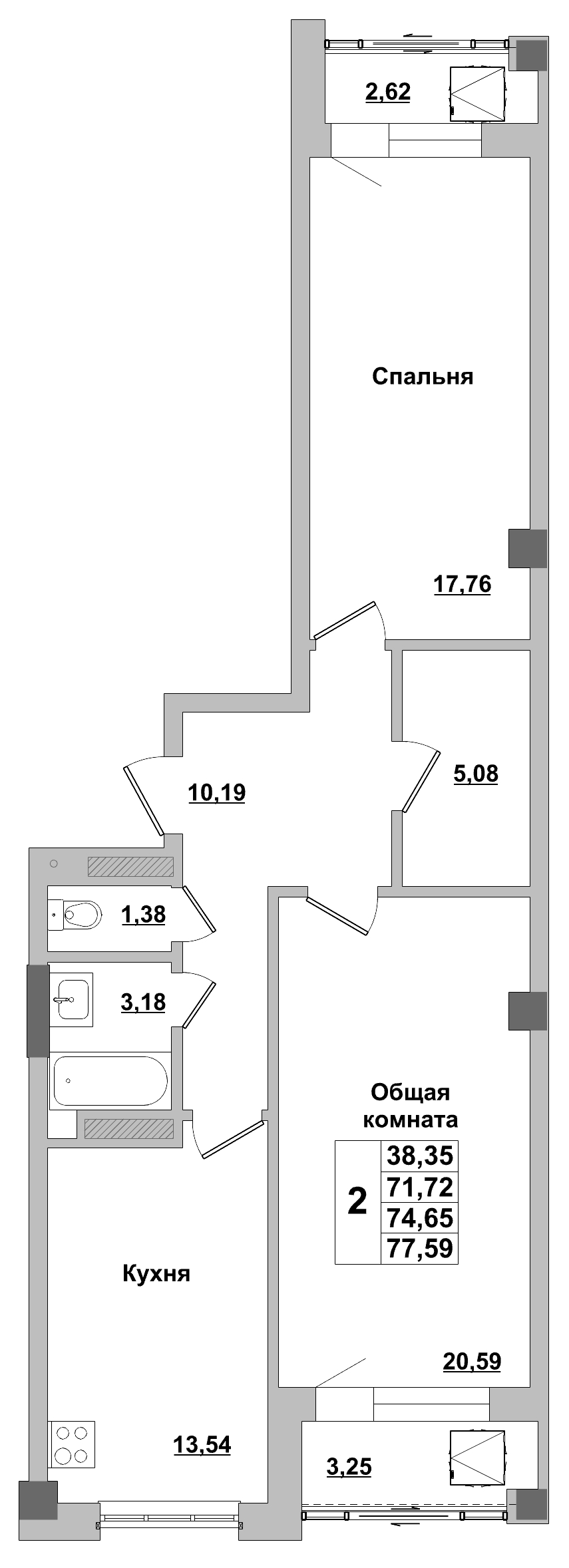 2 комн., 74.65 м²