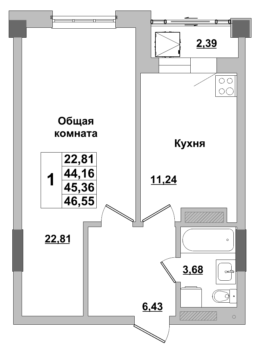 1 комн., 45.36 м²