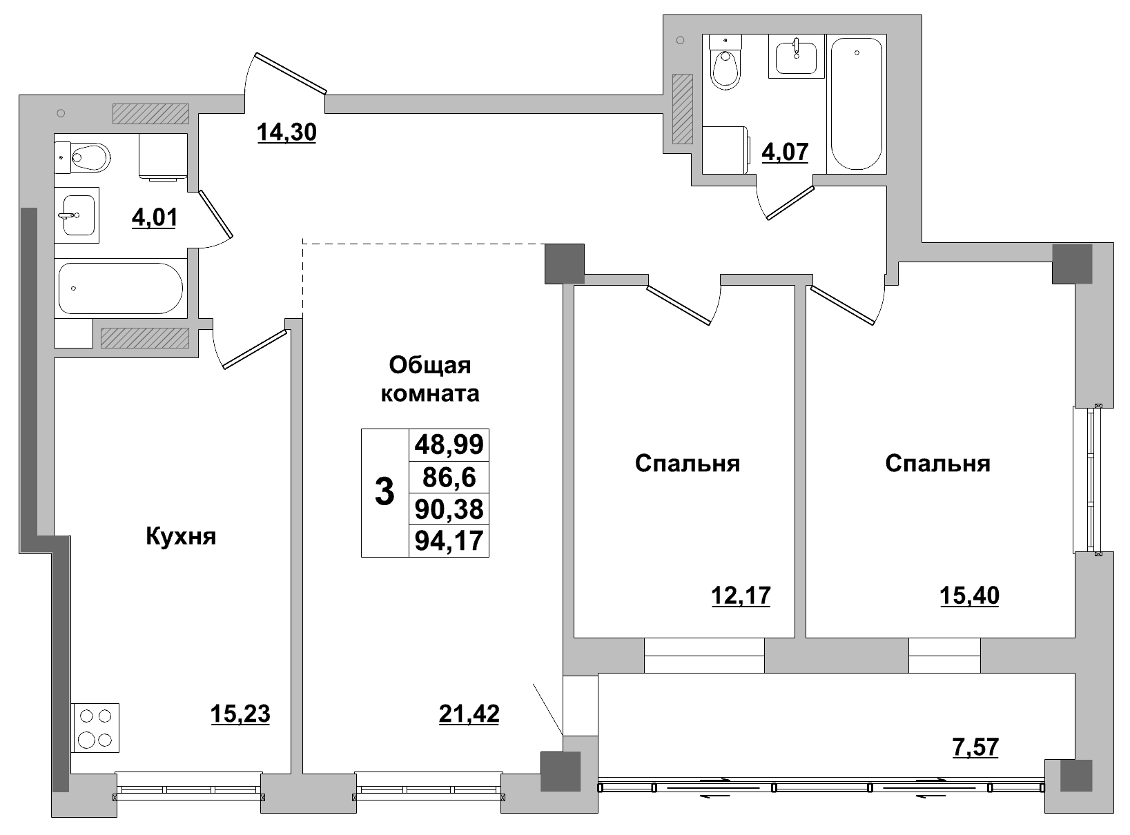 3 комн., 90.38 м²