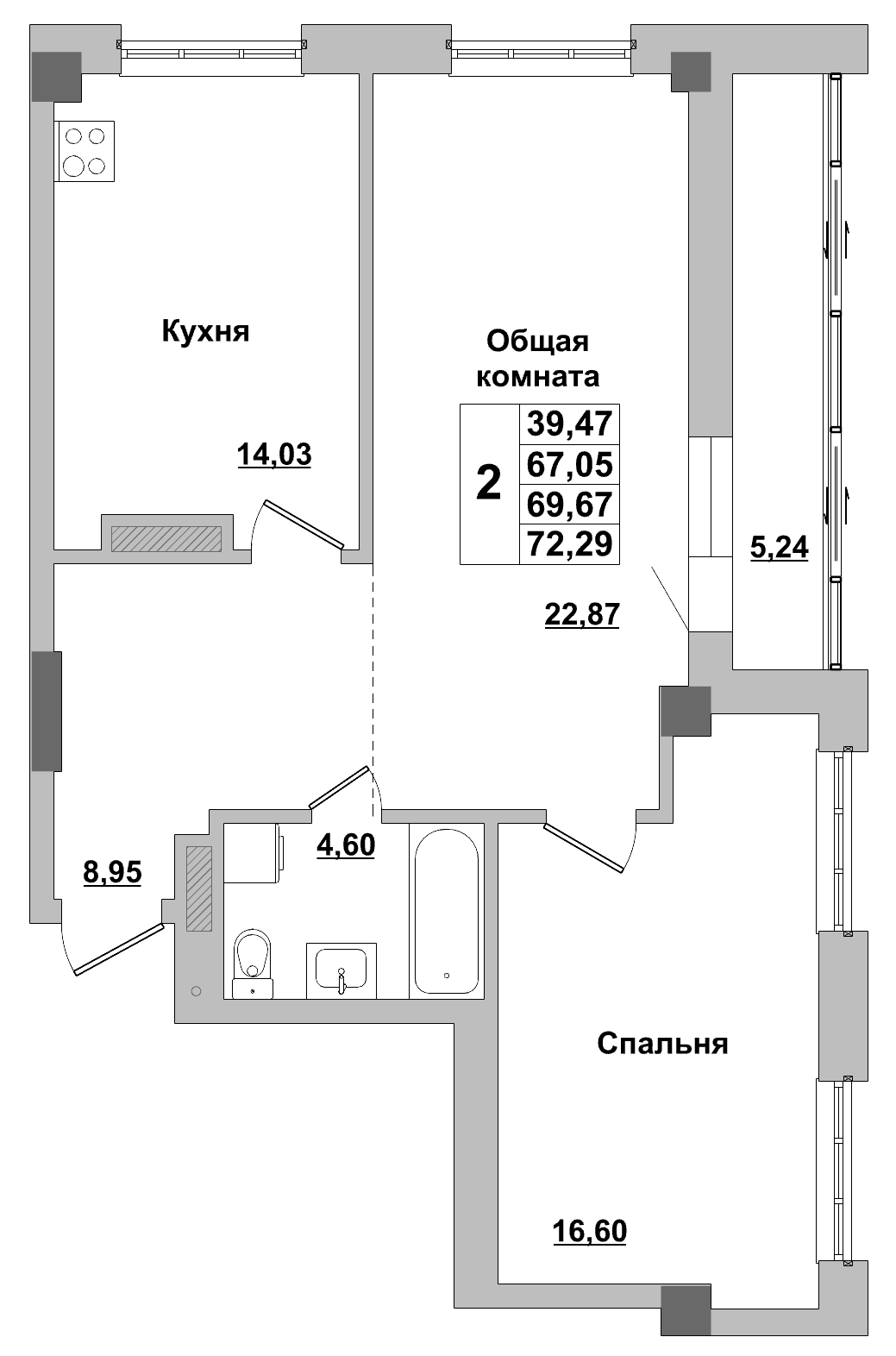2 комн., 69.67 м²
