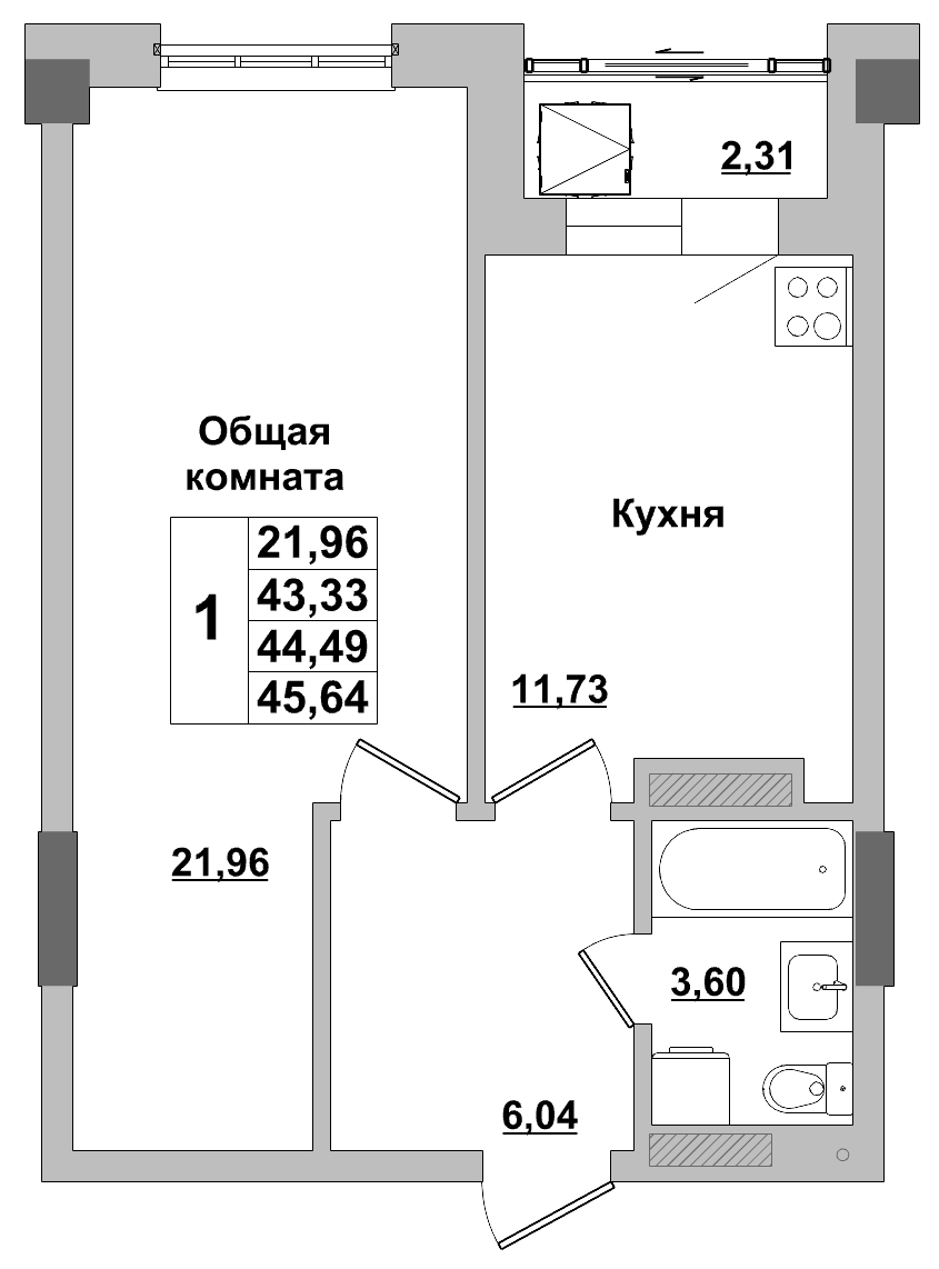 1 комн., 44.49 м²