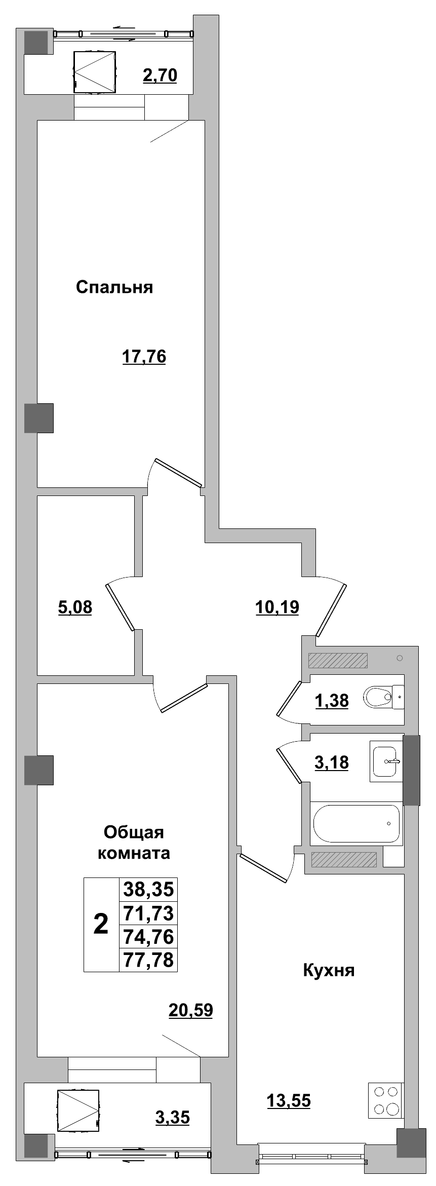 2 комн., 74.76 м²