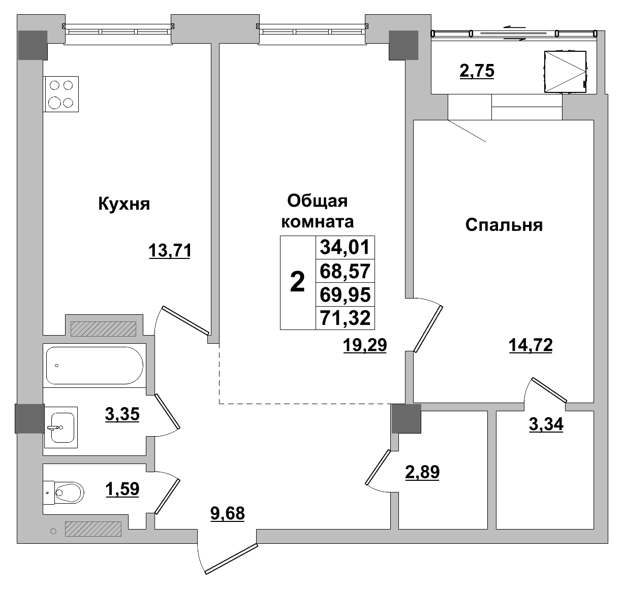 2 комн., 69.95 м²