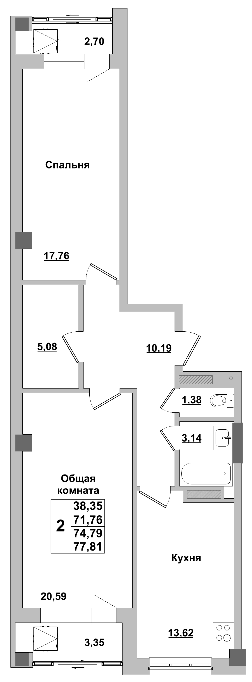 2 комн., 74.79 м²