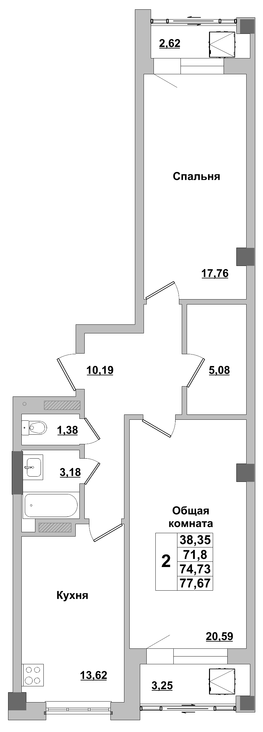 2 комн., 74.73 м²