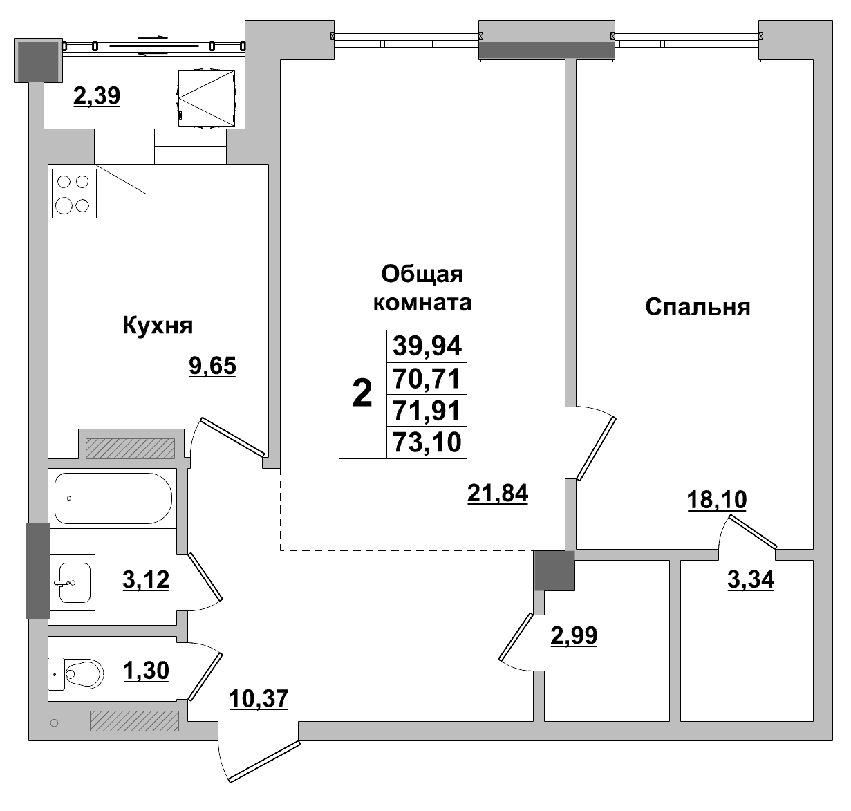 2 комн., 71.91 м²