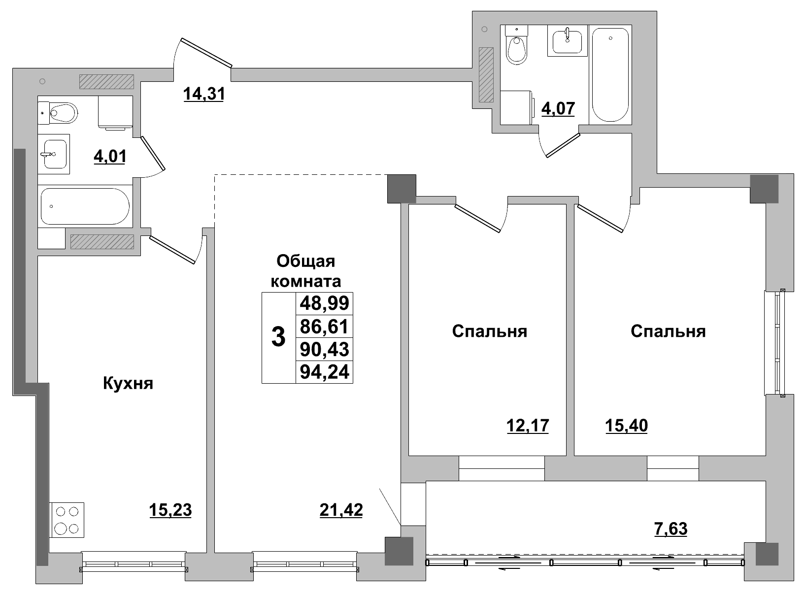 3 комн., 90.43 м²