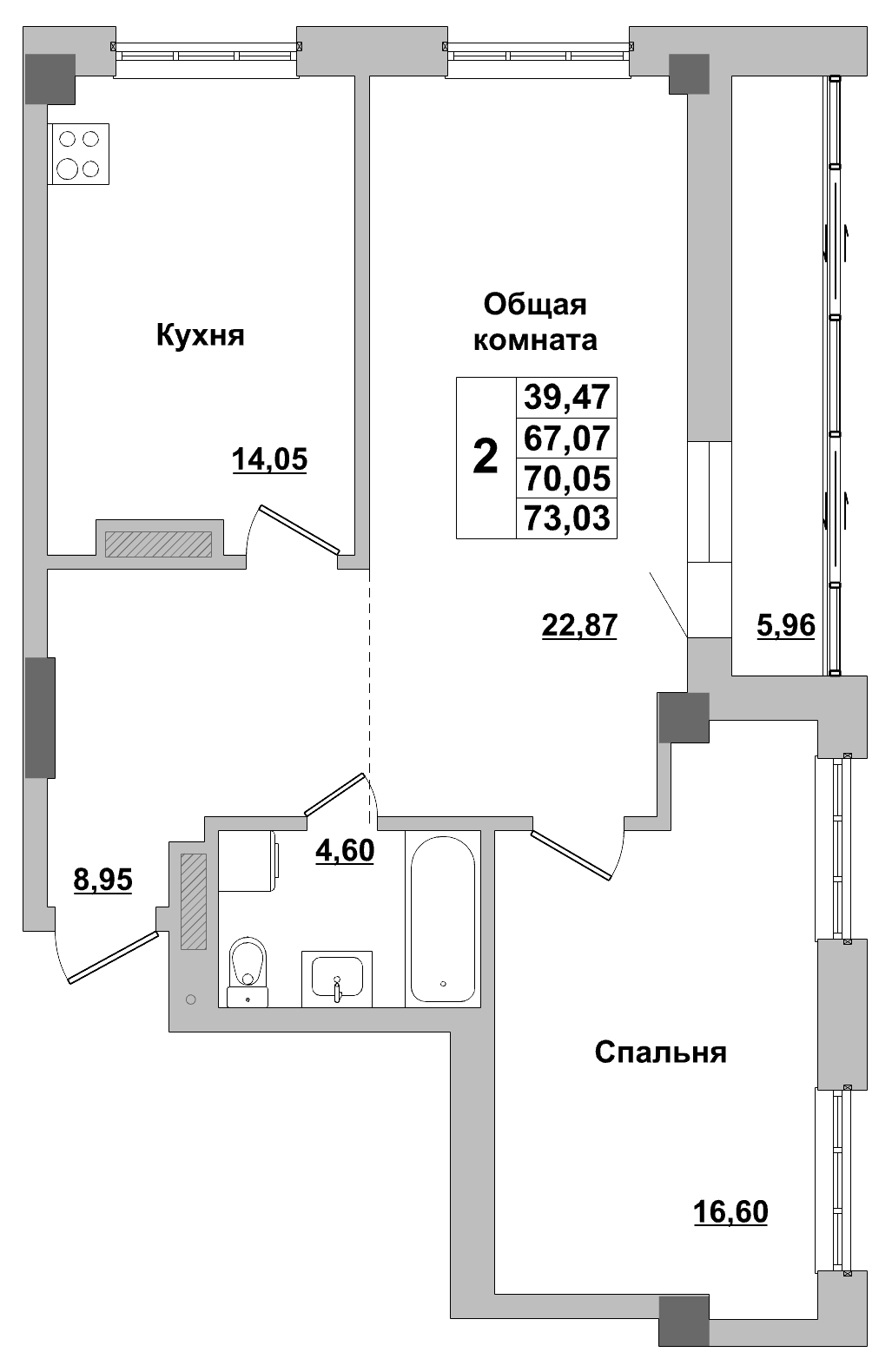 2 комн., 70.05 м²
