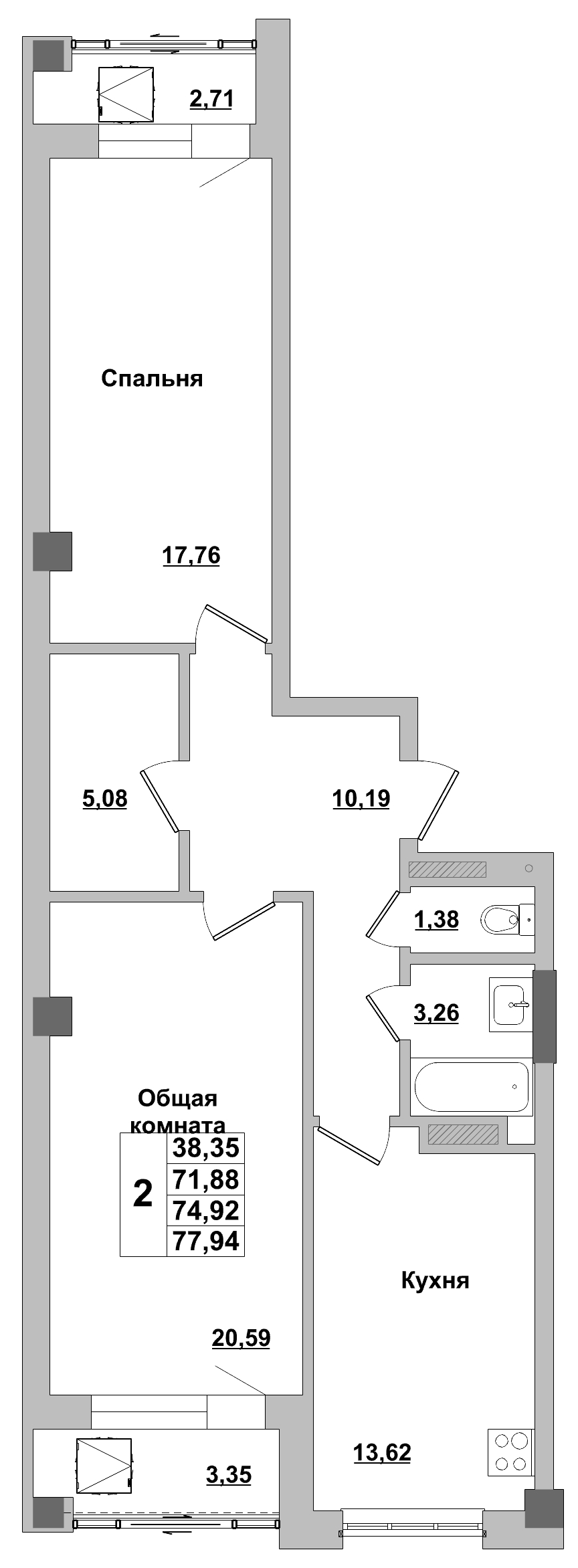 2 комн., 74.92 м²