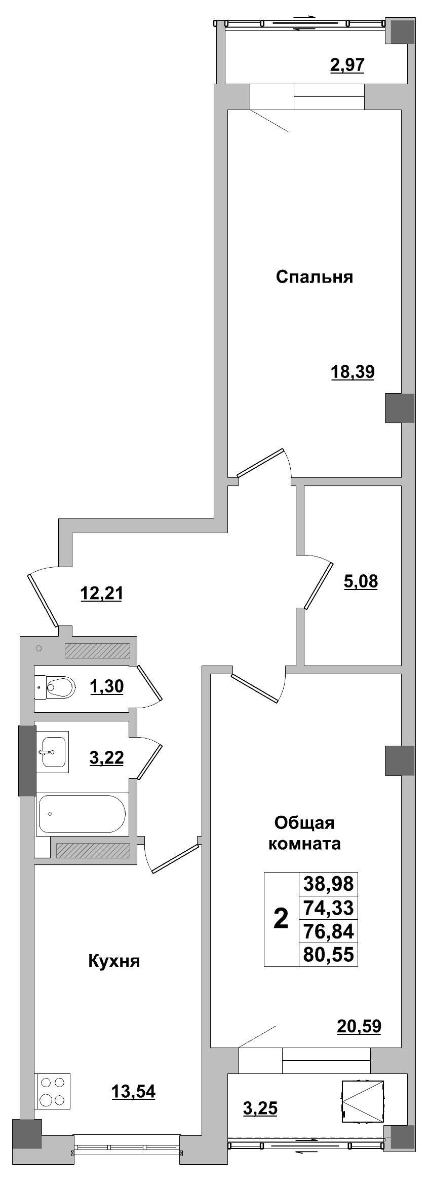 2 комн., 76.84 м²