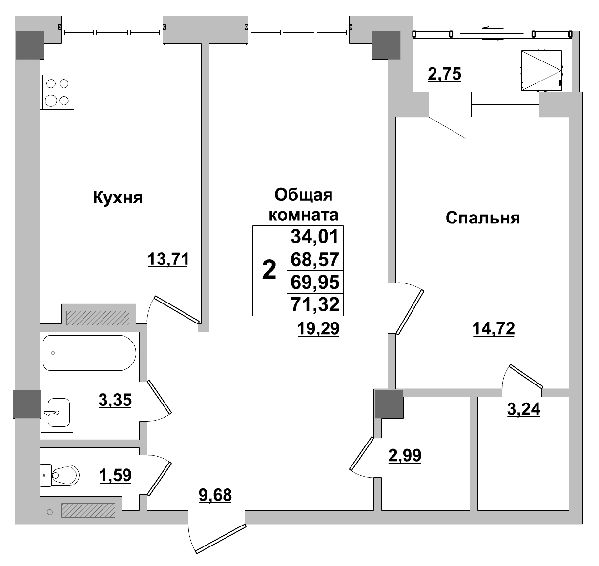 2 комн., 69.95 м²