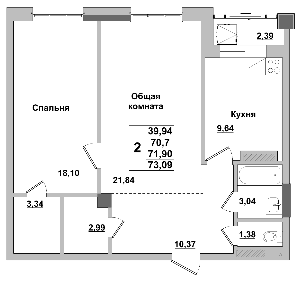 2 комн., 71.90 м²