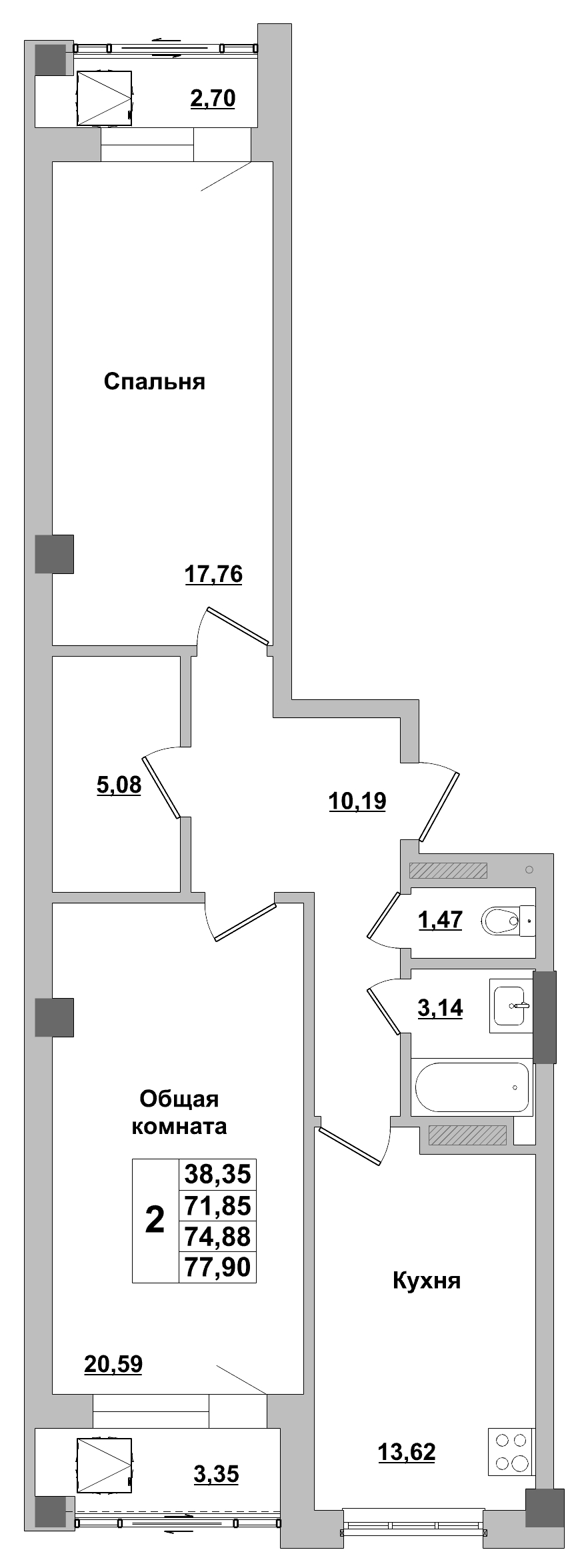 2 комн., 74.88 м²