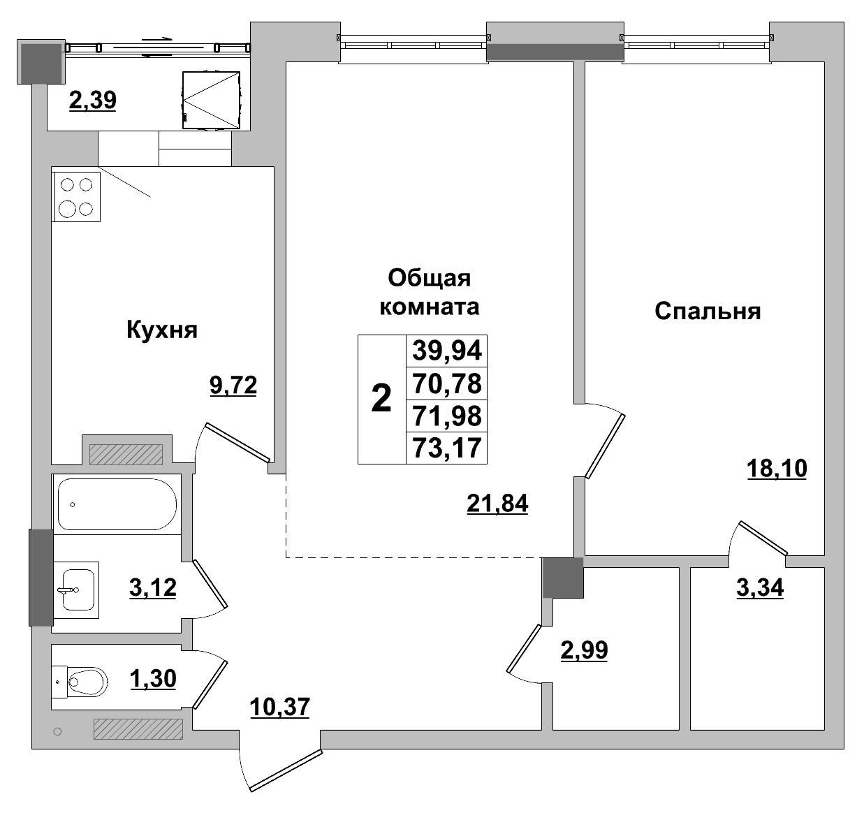 2 комн., 71.98 м²