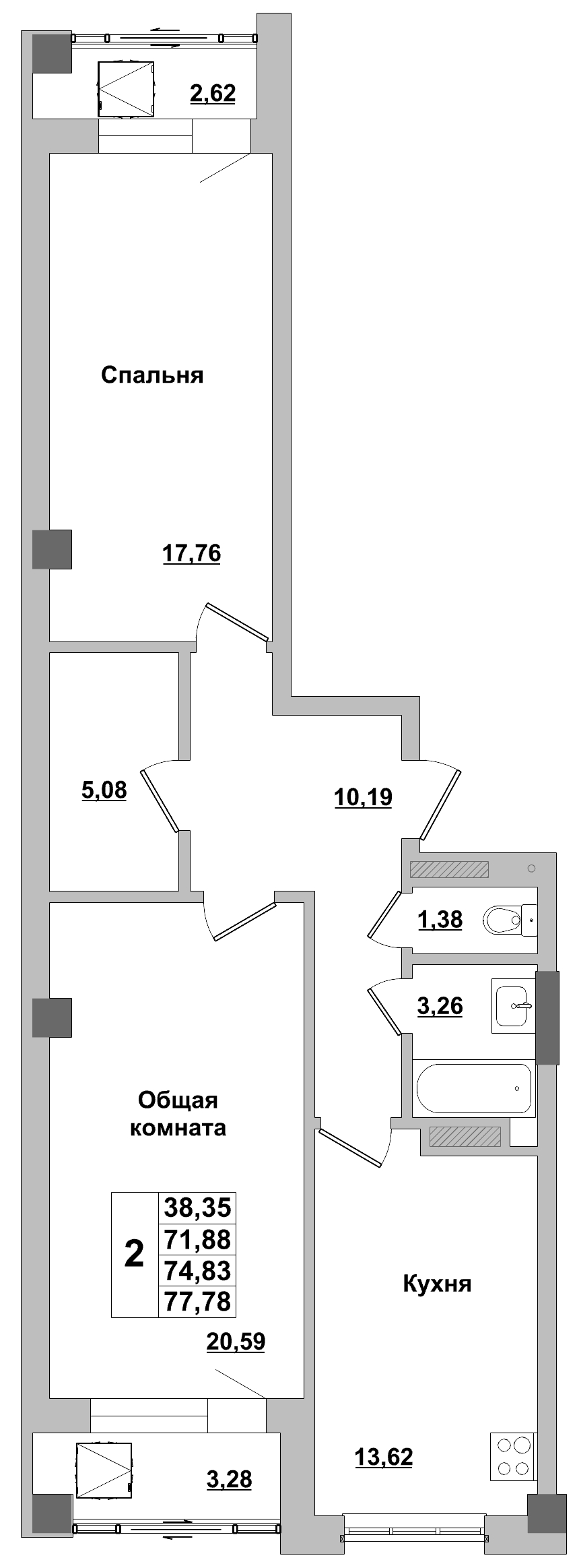 2 комн., 74.83 м²