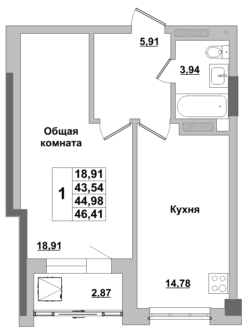 1 комн., 44.98 м²