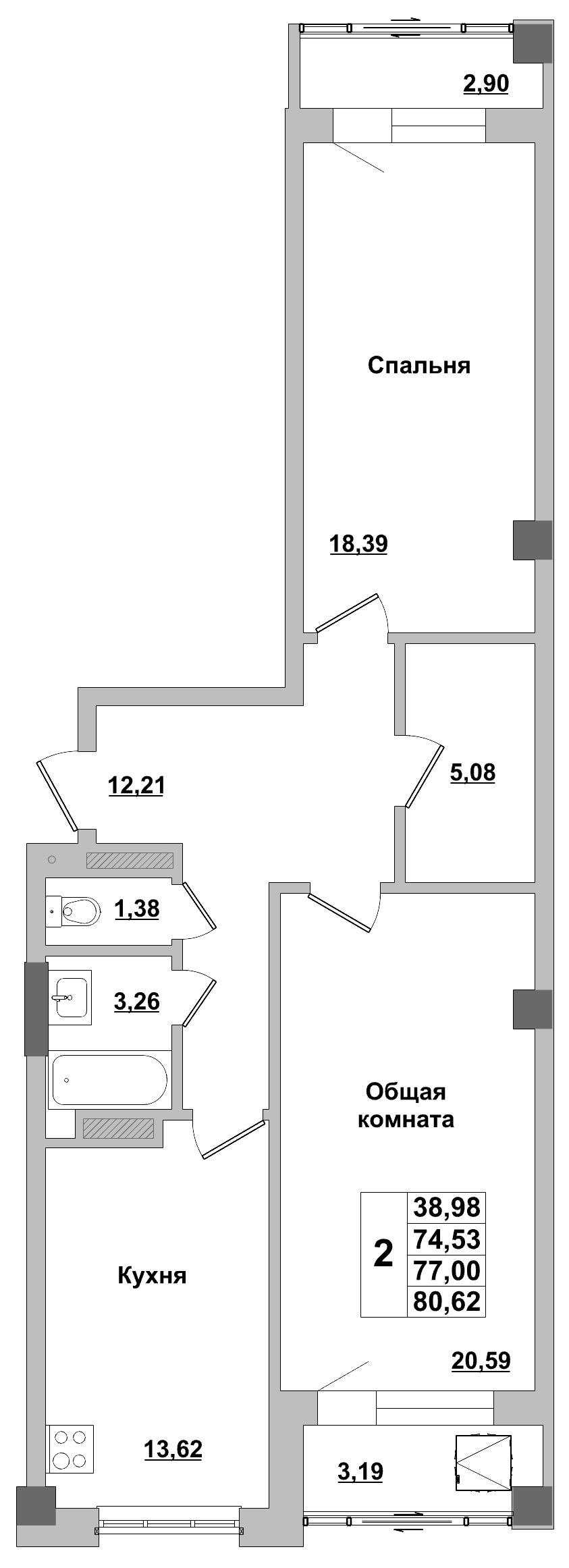 2 комн., 77.00 м²