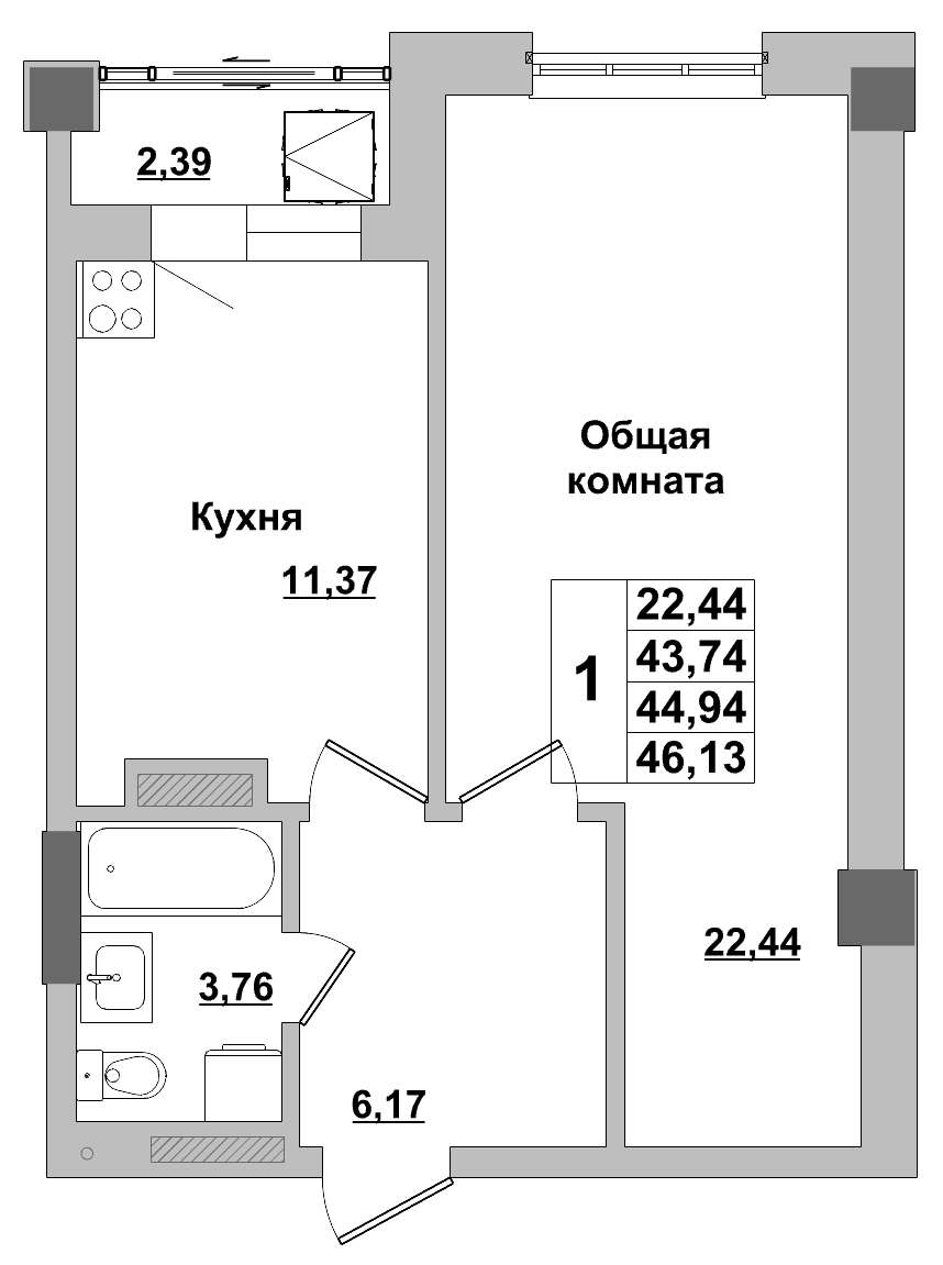 1 комн., 44.94 м²