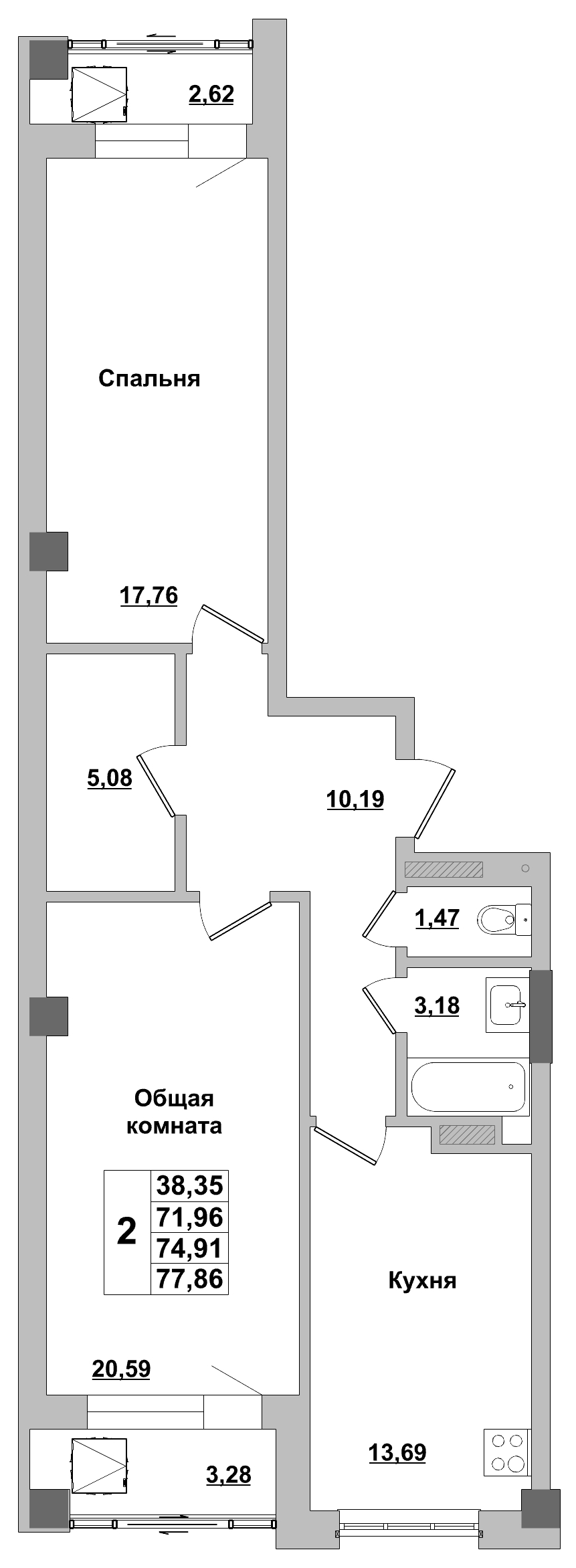 2 комн., 74.91 м²