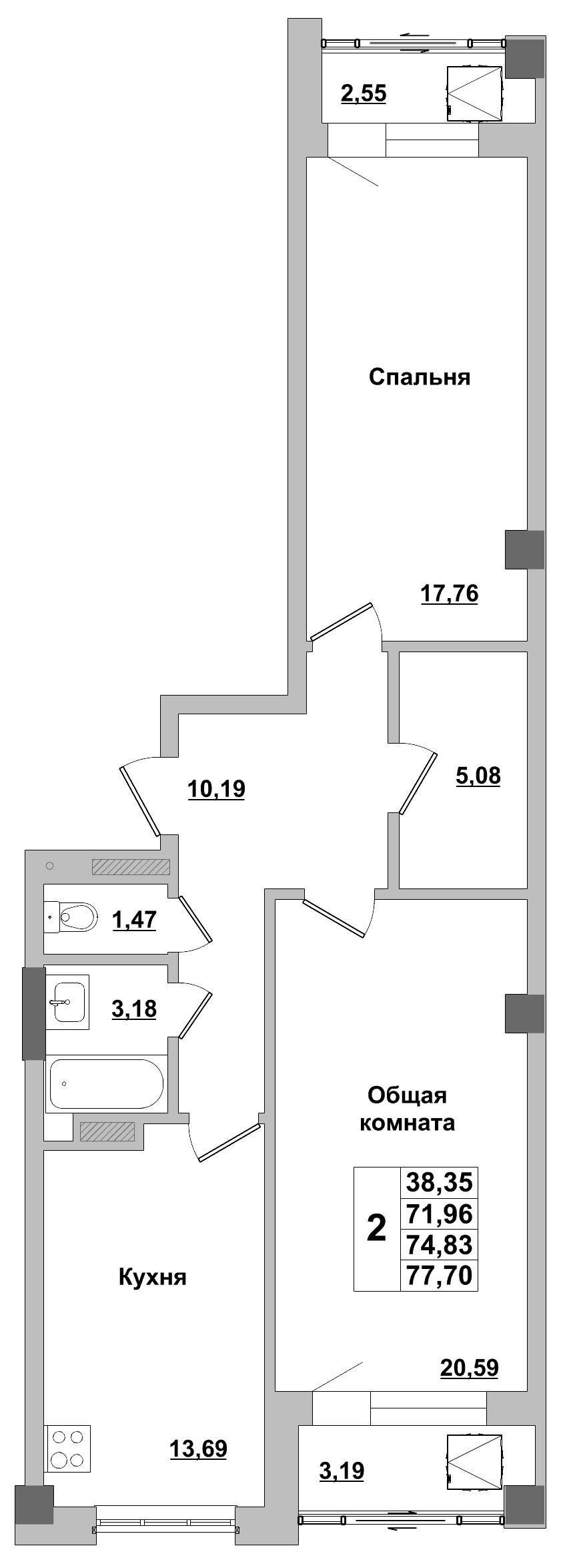 2 комн., 74.83 м²