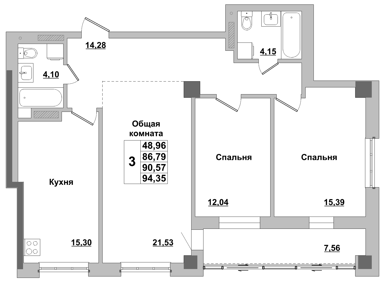 3 комн., 90.57 м²