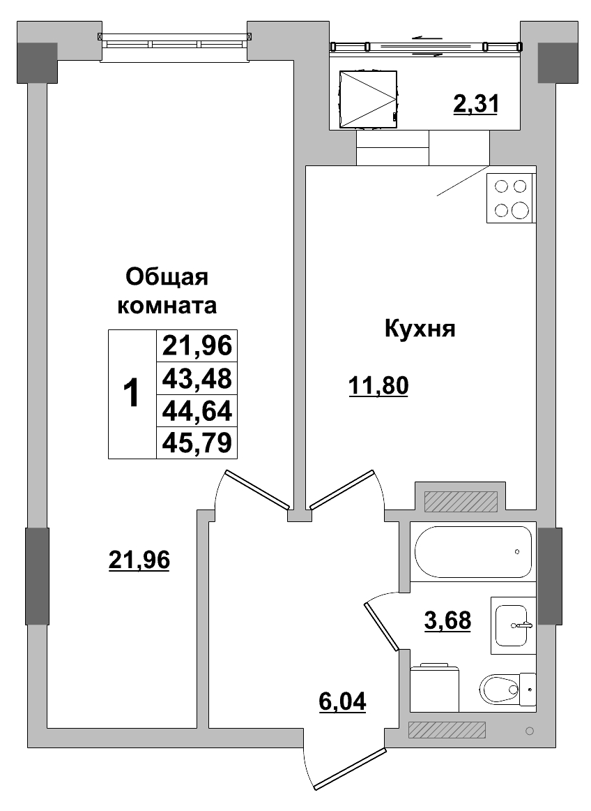 1 комн., 44.64 м²