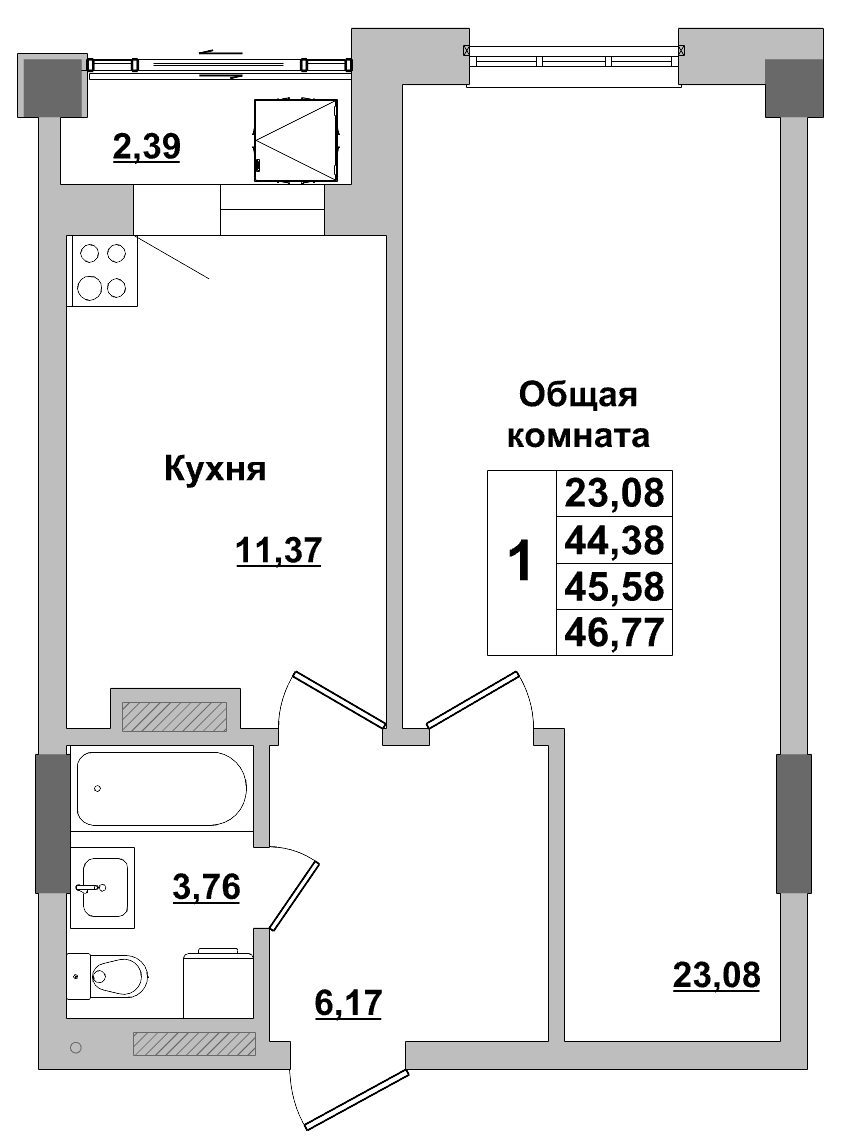 1 комн., 45.58 м²