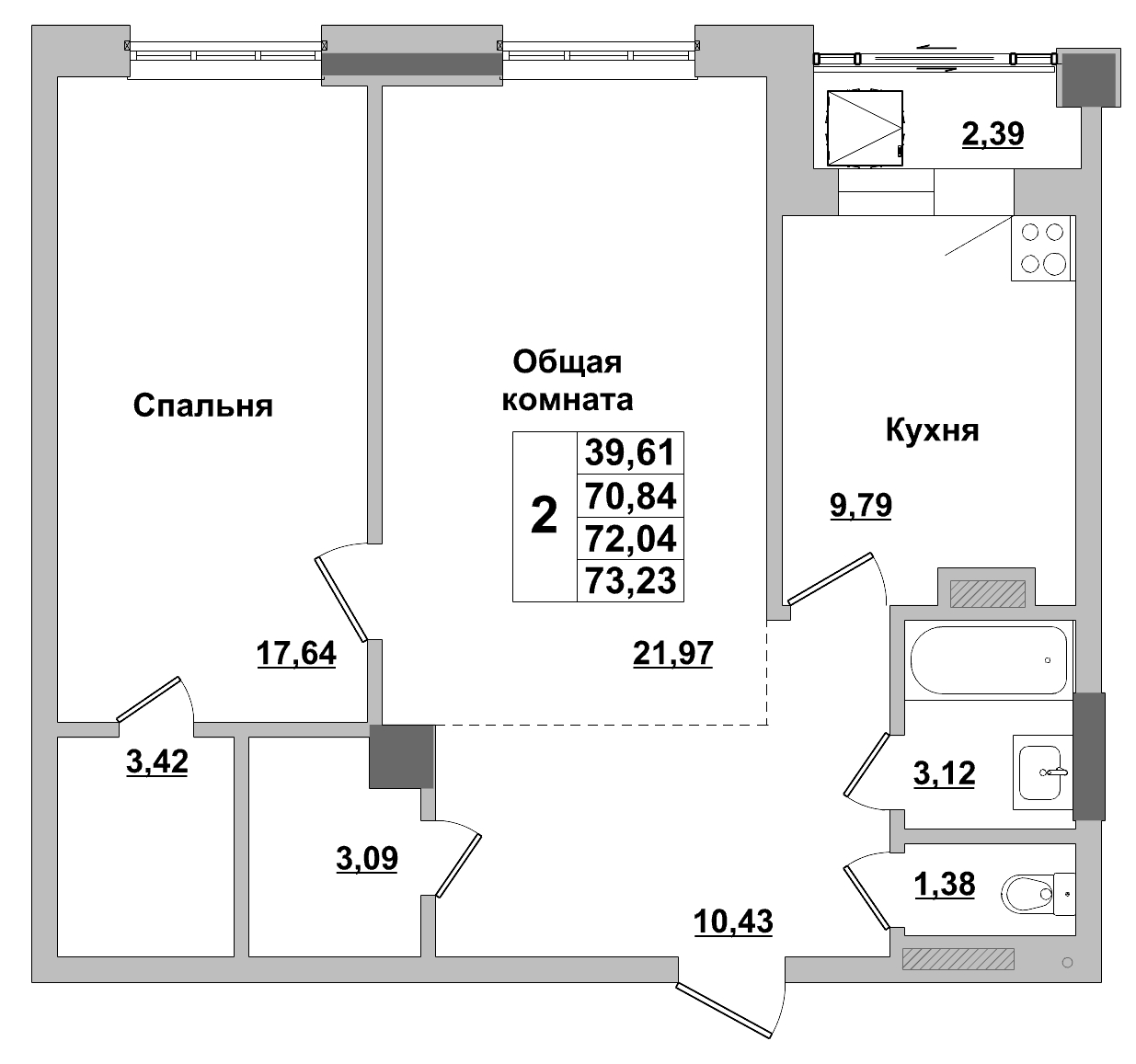 2 комн., 72.04 м²