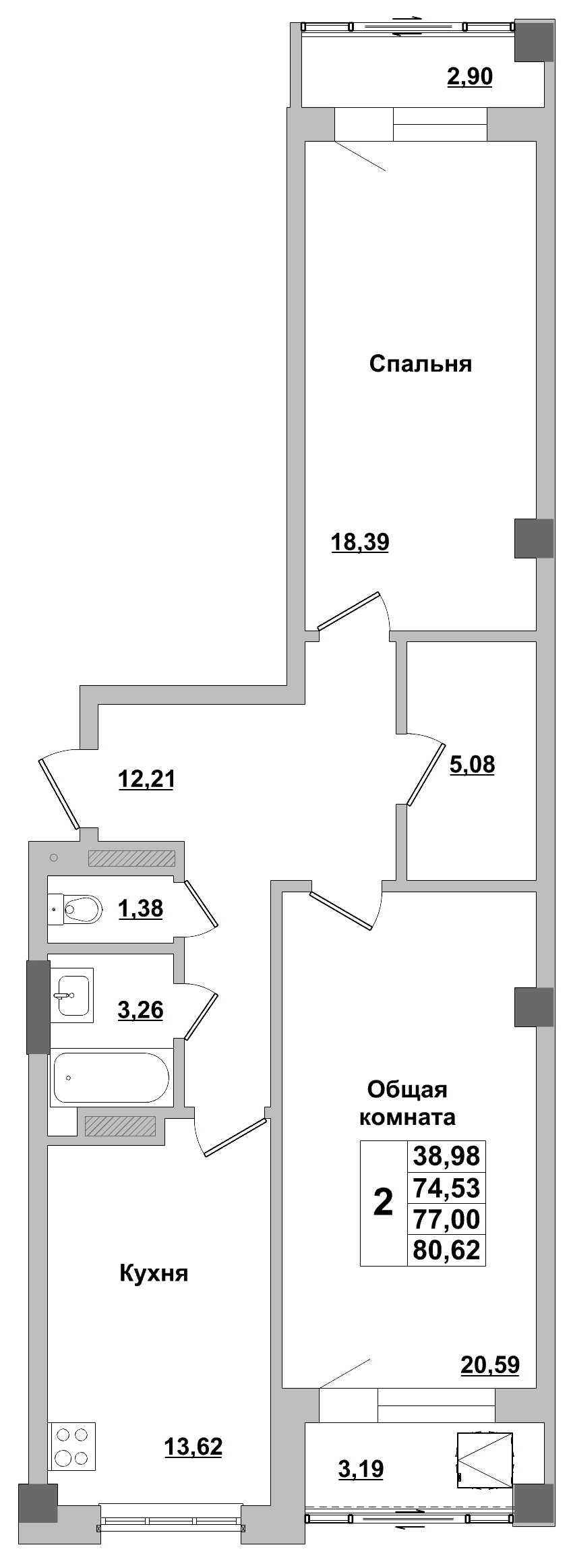 2 комн., 77.00 м²