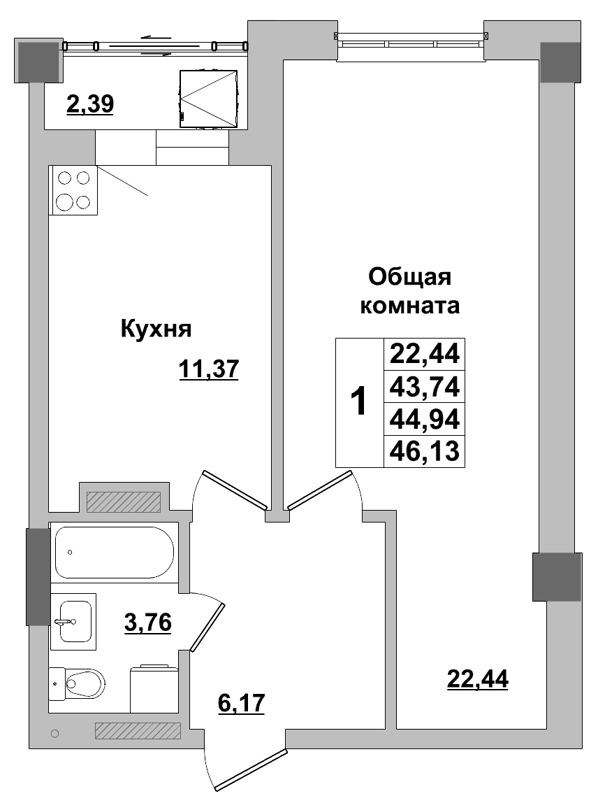 1 комн., 44.94 м²