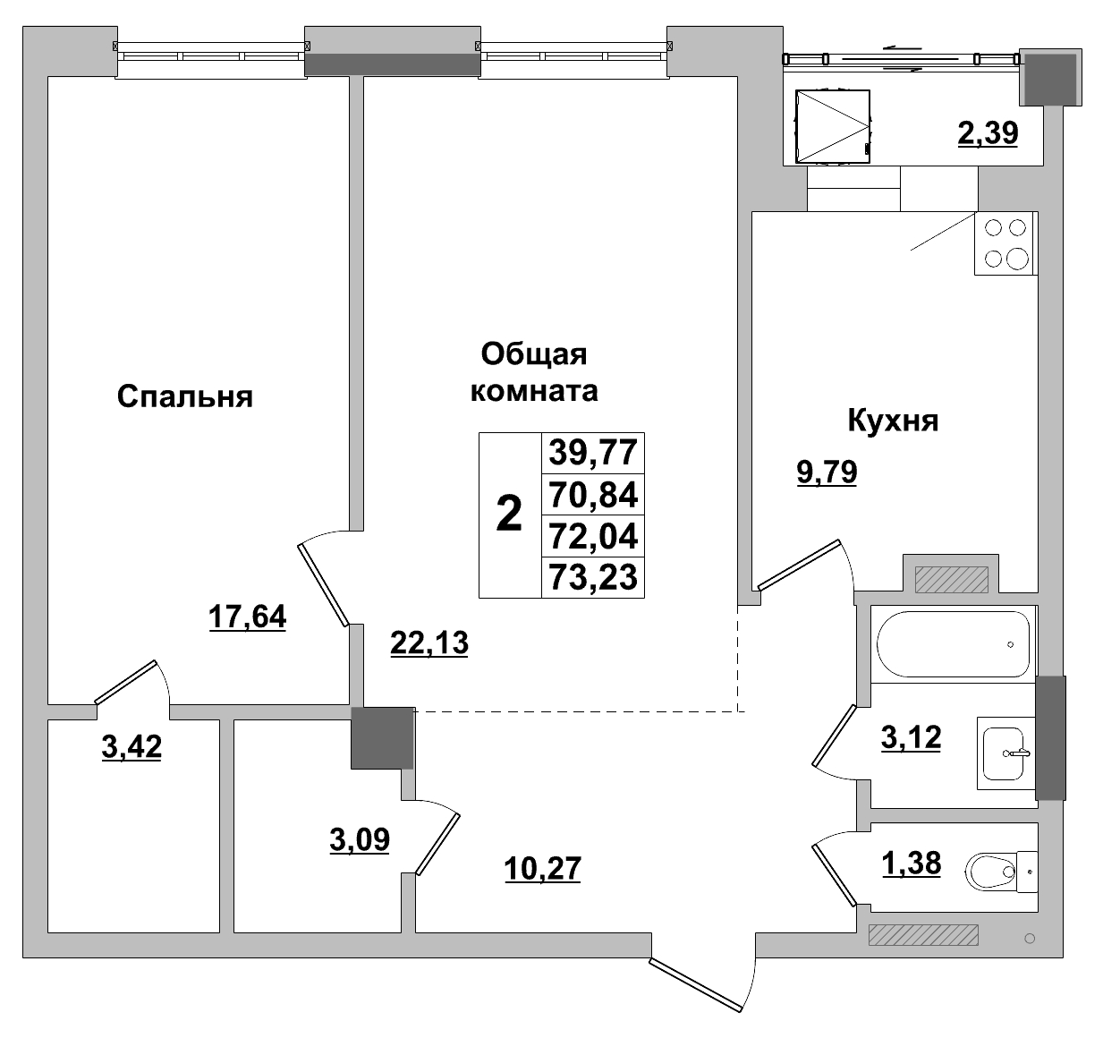 2 комн., 72.04 м²