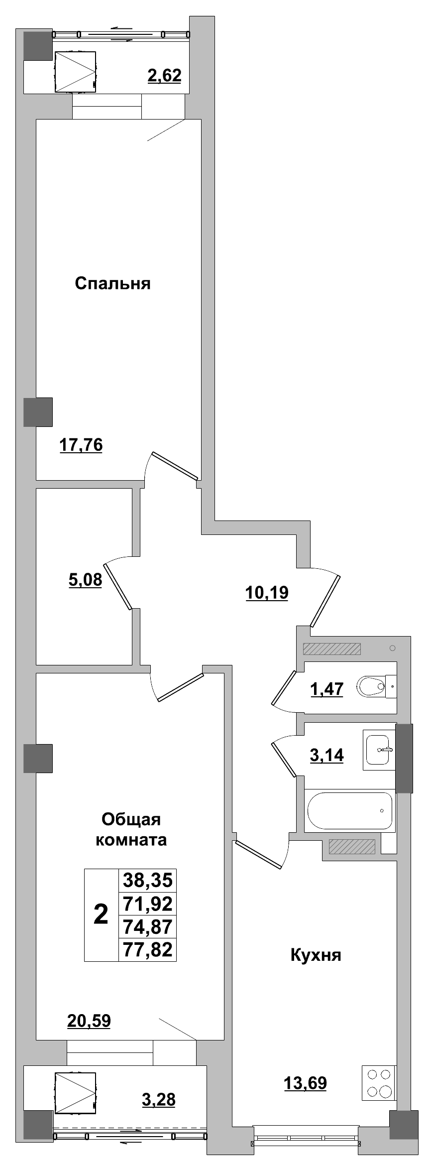 2 комн., 74.87 м²