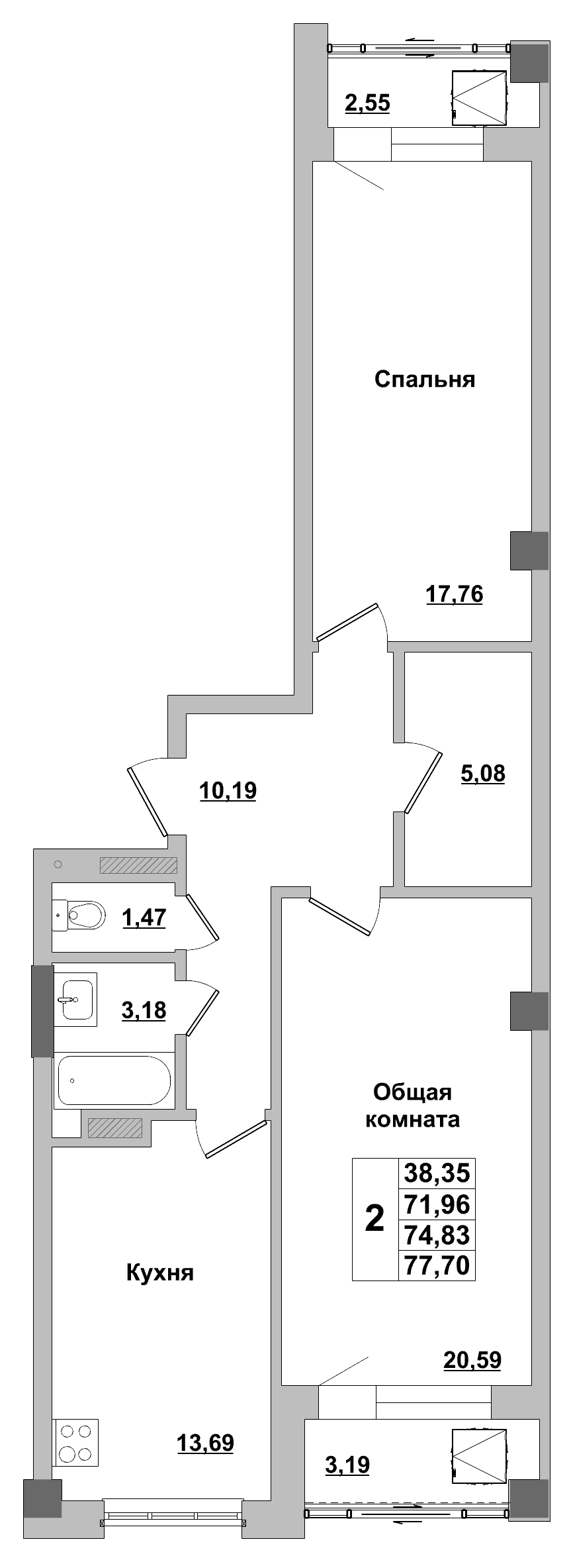 2 комн., 74.83 м²