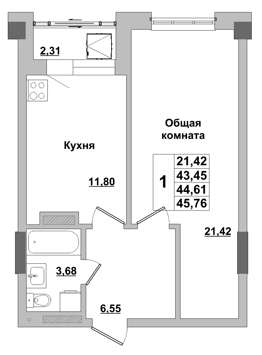 1 комн., 44.61 м²