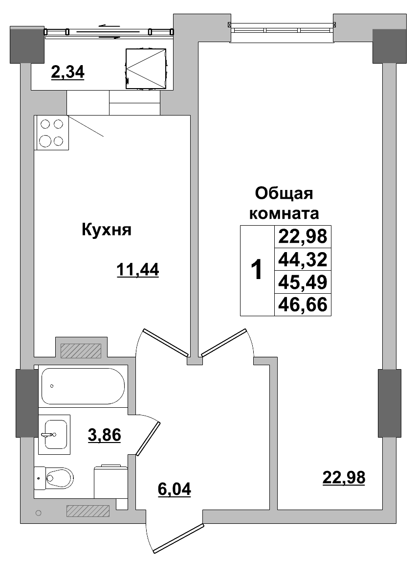 1 комн., 45.49 м²