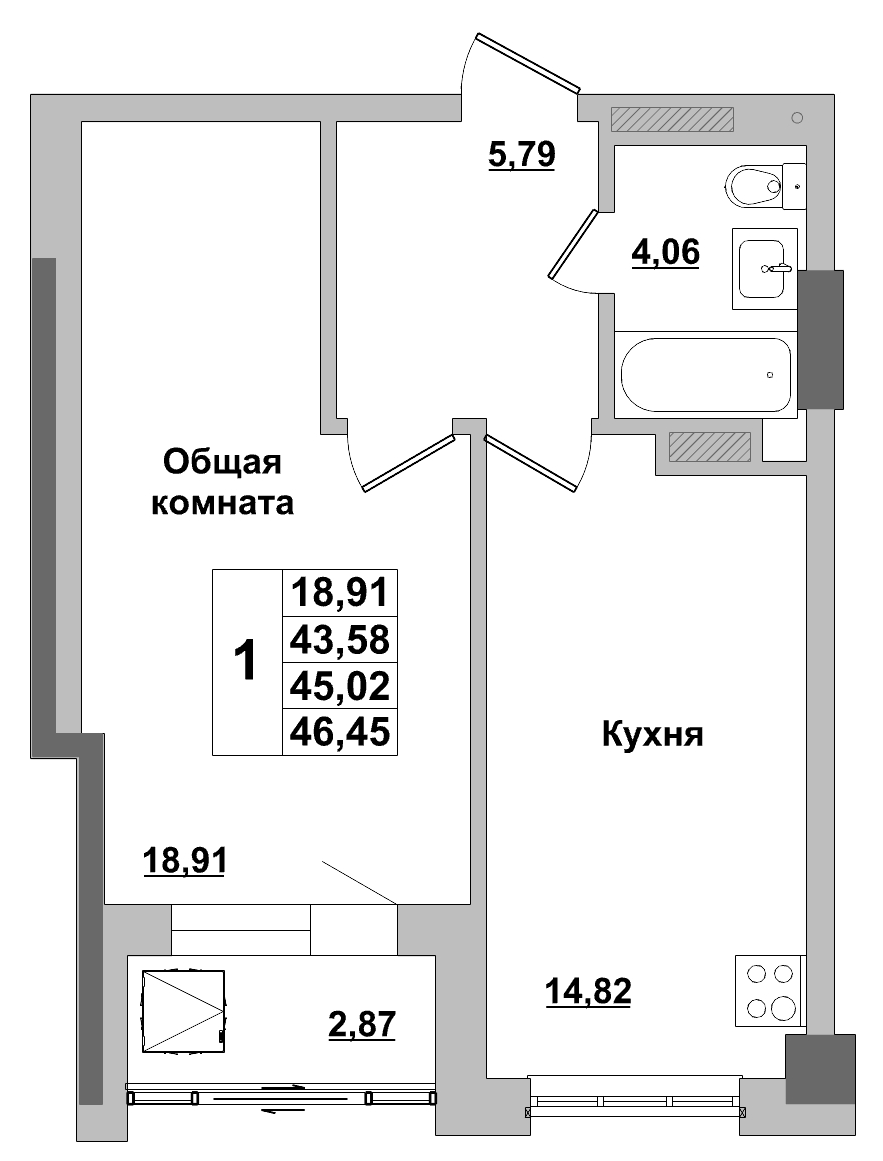 1 комн., 45.02 м²