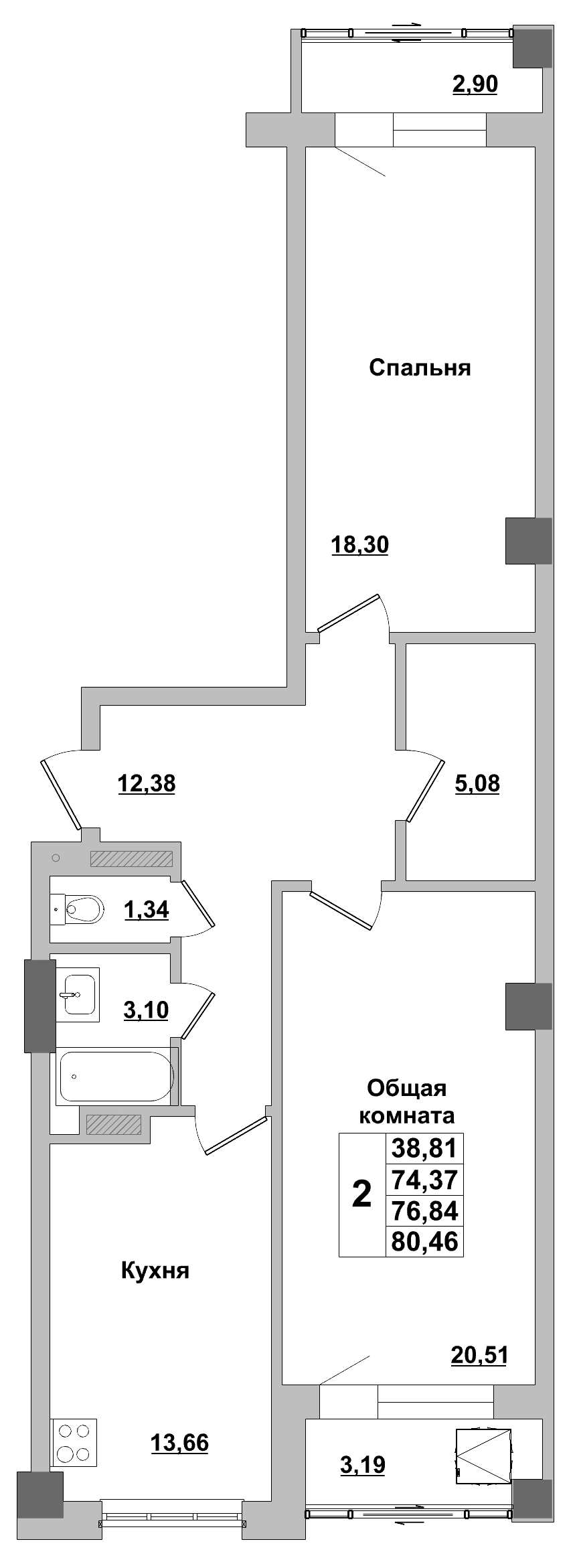 2 комн., 76.84 м²